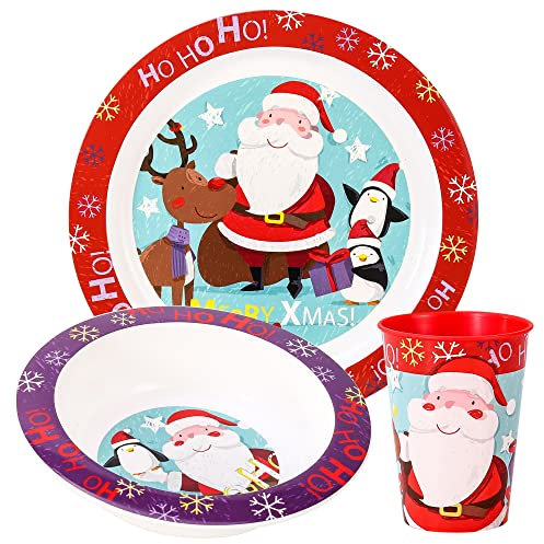 Christmas Xmas 3pcs Kids Childrens Micro Dinner Lunch Santa Festive Tableware Set Plate, Bowl & Cup, BPA Free