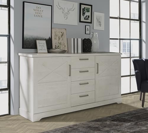 Forte ROCKHAMPTON Kommode 180 190, Kommode mit 2 Türen und 4 Schubladen, weißes Sideboard im Landhausstil, Holzwerkstoff, Pinie Weiß Holzdekor, 182,9 cm breit x 91 cm hoch x 42 cm tief