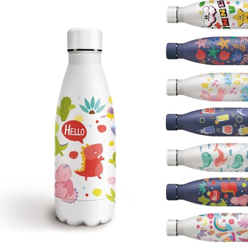 Grsta Trinkflasche Kinder, Trinkflasche 350ml, Trinkflasche Auslaufsicher BPA-freie, Trinkflasche Kinder Kohlensäure Geeignet, Trinkflasche Dinosaurio, für Schule/Büro/Cafe, Weiß