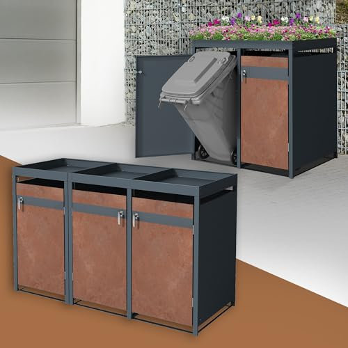 ML-Design Box pour 3 Poubelles avec Toit Végétal, 3 Portes, 240L, 200x80x124 cm, Acier Corten, Anthracite/Aspect Rouillé, Résistant aux Intempéries, Habillage Poubelle Verrouillable, Conteneur Hangar