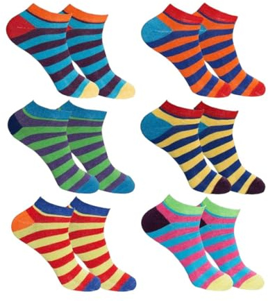 Rozgul 12 Pairs Ladies Striped Trainer Socks | Summer Colors | Ankle Liners No-Show Low Cut Sports Running Sneaker Socks | UK Size 4-7 | Moisture-Wicking & Breathable