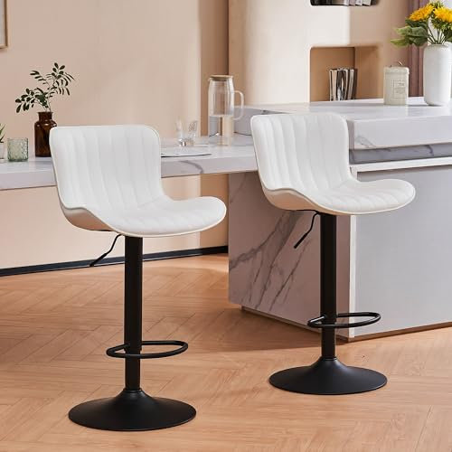 YOUNIKE Barhocker 2er-Set Drehbare Barhocker Kunstleder Verstellbare Höhenverstellung Barstühle Weiche Polsterung Hohe Rückenlehne Thekenhocker, Einfache Montage, Weiß