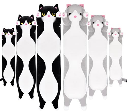 Aragallant Cojin Gato Largo, Almohada Gato Largo, Peluche Largo Almohada para Niños a Partir de 3 años, Peluche Largo Gato, Cumpleaños niños (Negro, 50CM)
