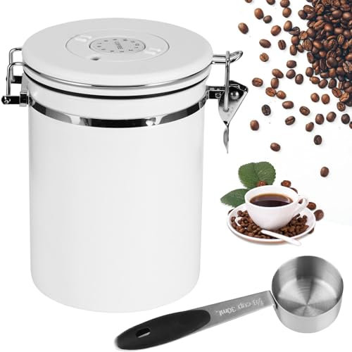 ZONJIE Boîte à café hermétique - 2,8 l - En acier inoxydable - 1 kg - Avec cuillère doseuse, valve CO2 et date - Pour grains de café moulu - Blanc - 2,8 l