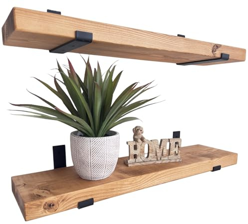 Handmade Rustic Wooden Floating Shelves | Set of 2 | Heavy-Duty Wall Shelves with Black Seated Brackets – Ideal for Kitchen, Living Room, Bedroom & Bathroom Storage & Décor (Set of 2, 60cm)