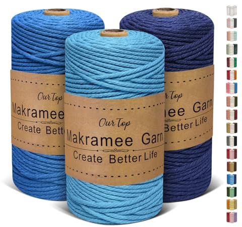 OurTop Corda Macramè 3mm Set, 3mm x 160m Filo Macrame Corda Macramè Filo Morbido Filato Macrame per Fai Da Te, Artigianato, Lavori a Maglia, Lavori Decorativi(Azzurro Cielo, Blu, Blu Scuro)