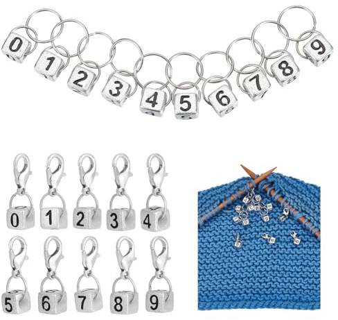 NBEADS Knitting Row Counter Chains,10 Pcs Acrylic Number 0~9 Cube Acrylic Stitch Markers Locking Stitch Charms for Knitting Crochet Tracking Project, Silver