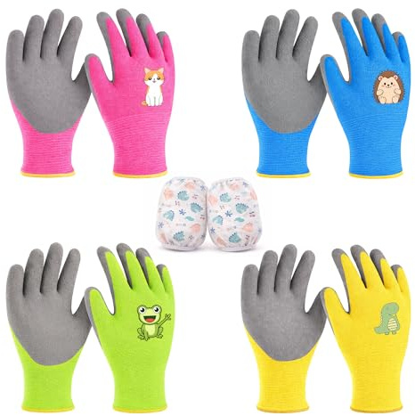 FZSECRIU 4 pares de guantes de jardín para niños, 1 par de guantes de trabajo, guantes de trabajo para niños, 8-10 años