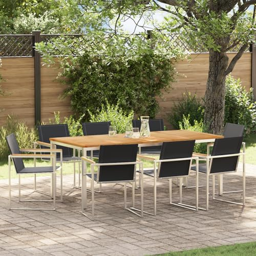 Qnhdfrt Ensemble de salle à manger de jardin en teck massif 9 pièces - Noir - Rectangulaire - Pour jardin, terrasse et fêtes de famille - Robuste et résistant aux intempéries