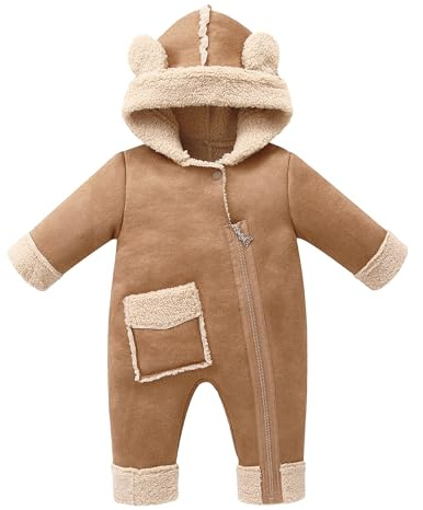 FEOYA - Mono de bebé con capucha para niña, traje de esquí polar para niño, ropa otoñal, elegante, para niño, invierno, grueso, conjunto de nieve, ante nacimiento, ocio, 0-18 meses, caqui, 6-9 meses