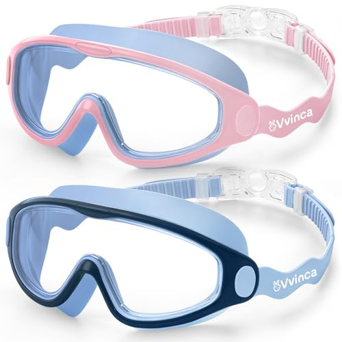 Vvinca 2 Pack Kids Swim Goggles, Wide View, Ages 6-14 | UV Protection, Anti-Fog, No Leak Fit
