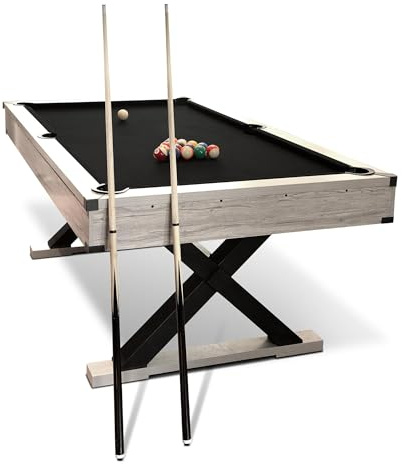 GarveeLife 7 FT Pool Table, Billiard Table with 2 Cue Sticks, Billiard Balls, Cues, Cleaning Brush, X-Legs, Black Cloth, Rustic Grey, 84 L x 46.5 W x 32.7 H