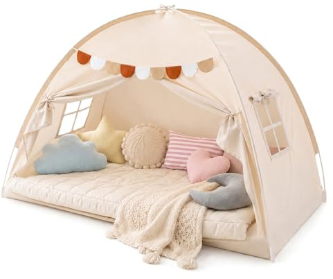 Tienda de Cama Interior, Casa de Juegos Plegable para Suelo con Banderines Decorativos y Ventanas Transpirables, Dosel de Privacidad para Dormitorio (Crema, 196 x 98 x 125 cm)