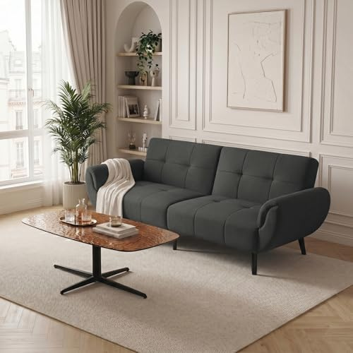 JIEXI Modern linne tyg soffa, 3-sits soffa med massiva träben och svamp med hög densitet, minimalistisk stoppad soffa för vardagsrum, lägenhet, kontor (mörkgrå, 174 cm)