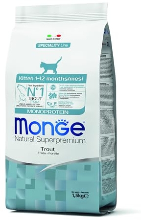 Monge Natural Superpremium KITTEN TROUT, cibo umido per gattini (cibo umido a base di trota, ricco di fibre, senza coloranti e conservanti, cibo per gatti, 1,5kg)