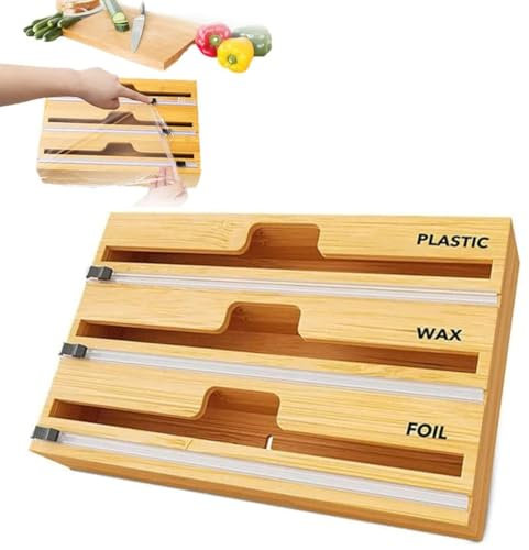 Dispenser Di Fogli Di Alluminio, Dispenser Per Imballaggi In Legno Di Bambù 3 In 1 Con Taglierina, Scatola Riutilizzabile Per Organizer Per La Conservazione Della Cucina (B)