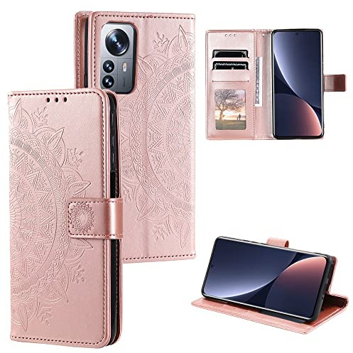 CoverKingz Handyhülle kompatibel mit Xiaomi 12 Pro - Handytasche mit Kartenfach Klapphülle Case - Handy Hülle klappbar Motiv Mandala Rosegold