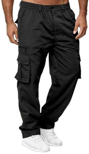 THWEI Mens Cargo Pants Casual Cotton Jogger Multi Pockets Outdoor Hiking Work Sweatpants Black L