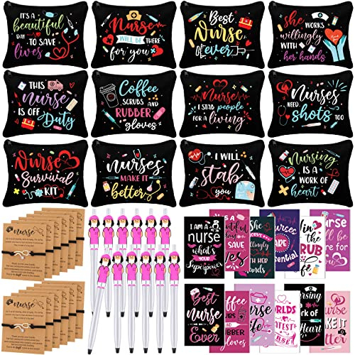 Sabary 48 Pcs Nurse Appreciation Gifts Set 12 Nurse Makeup Cosmetic Bag 12 Notebooks Pocket Journal 12 Doctor Nurse Ballpoint Pens 12 Stethoscope Rn Bracelet for Nursing Students School (Novelty)