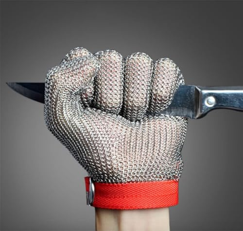 JZD stainless steel gloves, level A9 cutting resistant gloves, 304 stainless steel wire, metal mesh, chainmail glove (5 Finger, L(Piece of 1)(Blue))