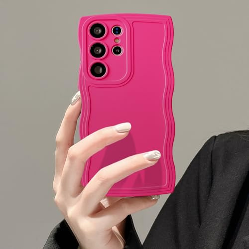 UEEBAI Case for Samsung Galaxy S22 Ultra 5G Wave Frame Phone Case,Cute Wave Frame Slim Fit Shockproof Phone Bumper Cover Soft Pretty Curly Wavy Case Anti-Scratch TPU Case - Rose Red