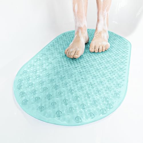 HITSLAM Oval Bath Mat Non Slip Anti Mould, 68 x 38 CM Anti Slip Shower Mat for Bathroom, Machine Washable Bubble Bathtub mat with Suction Cups and Drain Holes, Soft on Feet, Green
