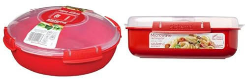 Sistema Microwave Round Food Container/Cookware Bowl | 1.3 L Food Steamer | Red/Clear & Rectangle Microwave Container | 1.25 L | BPA-Free | Red/Clear