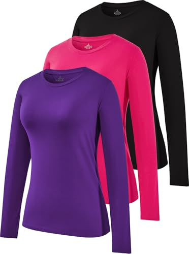 Star Vibe 3 Pack Crew Neck Long Sleeve Top Long Sleeve Tops Women Ladies Running Tops Black/Rose/Purple XL