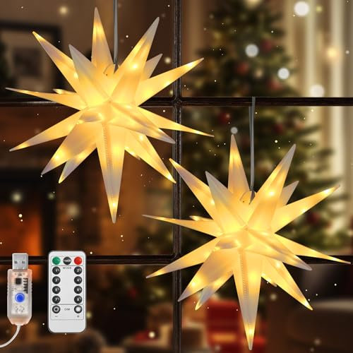 Lewondr Albero di Natale Topper, 2Pcs 17,7 Pollici 3D Stella Luminosa Appesa Moravian con Timer 6H e 8 modalità, USB Illuminato Stella Albero Ornamento con Telecomando per Vacanze Interno Esterno