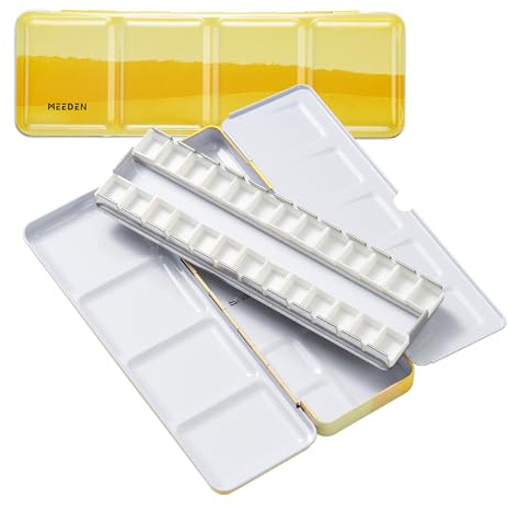 MEEDEN Paleta de Acuarela de Viaje vacía: Paleta portátil con 24 Medias sartenes, Caja de Lata de Pintura de Metal para Artistas, Estudiantes, Adultos (Amarillo)