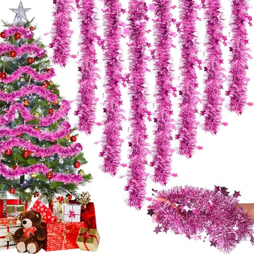 Lametta Weihnachtsbaum, 8PCS×2M Weihnachtsgirlande Lametta Girlande Weihnachten Outdoor Christmas Garland 16M Weihnachtsgirlanden Mit Sternen Verziert Weihnachtsdeko Girlande Christbaum Deko Rosa