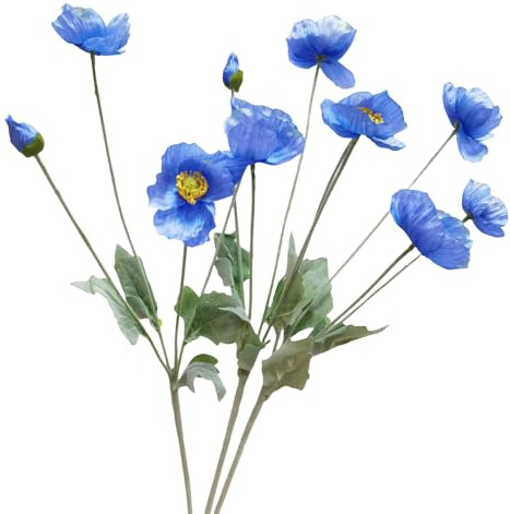 3 st konstgjorda blommor med blåa vallmoblommor, 63 cm konstgjorda blommor i ranunkuler, silkesblommor med stjälkar, falska blomstjälkar för bröllop, fest, trädgård utomhus inomhusdekor,