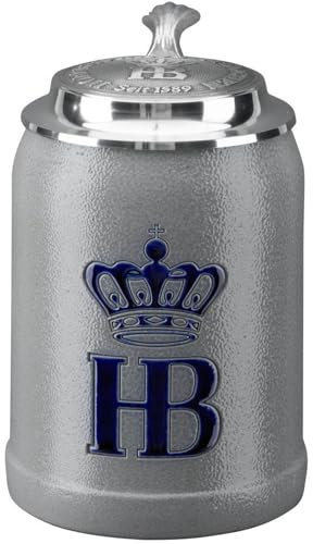 Hofbräuhaus München Chope à bière en pierre 0,5 l avec couvercle en étain | Chope à bière avec logo HB, pichet, idée cadeau pour homme et femme (avec couvercle en étain, 0,5 l (1 pièce))