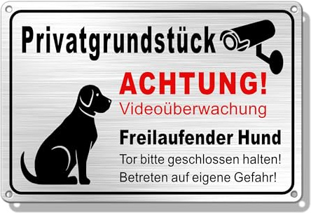 TAKULA Frigående hundskylt 30 x 20 cm, videoövervakning privat tomt | Kombinerad varningsskylt för frigående hundar och videoövervakning. Aluminium Perfekt för privata tomter och uppfarter.