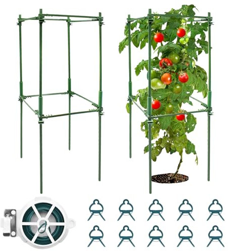 JNUYISW Tomaten Rankhilfe, 2 Stück 80cm Einstellbar Höhe Tomatenturm Rankhilfen für Kletterpflanzen mit 10 Pflanzenclips Tomatenkäfig Pflanzenstütze für Gurken, Blumen, Kletterpflanzen, Garten