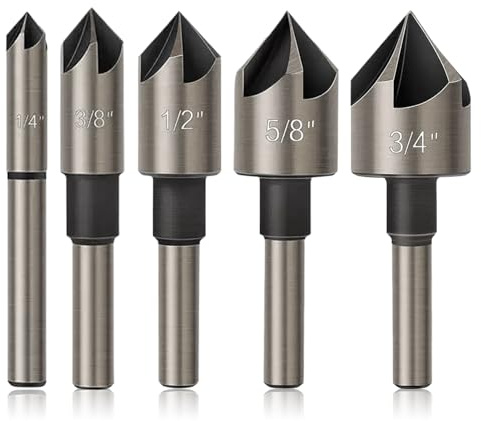 Countersink Drill Bit Set - 5 Pieces, 82° 5-Flute High-Speed Steel, Round Shank Mill Cutter, for Metal, Wood, Plastic，Includes 1/4”, 3/8”, 1/2”, 5/8”, 3/4” Sizes-Ideal for Countersink, Deburring.