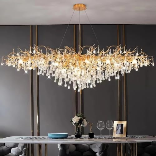 Baumzweig-Kronleuchter, Luxuriöse Rechteckige Kristall-Regentropfen-Pendelleuchte, 12 Lichter, Kücheninsel-Hängeleuchte Für Wohnzimmer, Esszimmer, Foyer, Eingangsbereich, Gold, L120cm