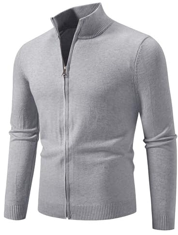 Bauzuoyo Jersey y cárdigan para hombre de manga larga, cárdigan simple y moderno, chaqueta tradicional de invierno, elegante chaqueta de punto monocolor, cremallera completa, cuello alto, gris, M