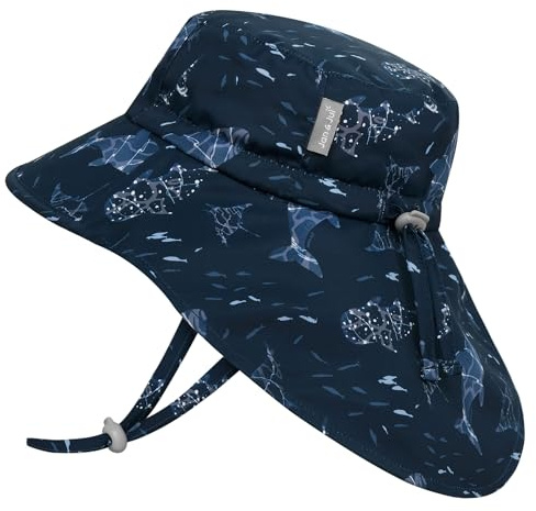 Jan & Jul Jungen Schnell trocknender Sonnenhut mit Nackenschutz für Schwimmen, Abenteuermütze für Kinder (XL: 5-12 Jahre, Marineblaues Walspiel)