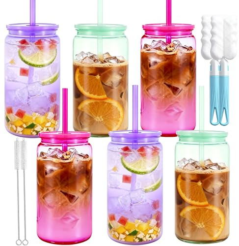 CuppaLifes 500ml Plastic Mason Jars with Lids and Straws, Leak-Proof Reusable Tumblers for Iced Coffee, Cocktails, Smoothies, Juice, Beer, Cold Drinks, 6 Pack (6, Light)