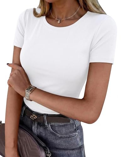 Totatuit Camiseta Mujer Manga Corta Cuello Redondo Básica Elástica | Tejido suave y ligero; elasticidad cómoda; oficina viajes paseos uso diario; combina con vaqueros falda y blazer