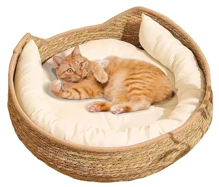 Lizeboyi Cesta Cama para Gato con Cojín Y Almohada, 35 X 35 X 13 Cm, Cama Suave para Gatos Perros Pequeños De 3 Kg, Marrón Y Blanca