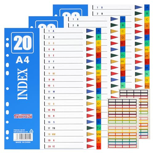 OFFCUP 3 pcs Separadores Archivador A4, Separadore para Carpetas A4, 20 Separadores de Colores y 2 Etiquetas de Coloresde Archivos 11 Agujeros, Ldeales para Hogar, Oficina y Escuela