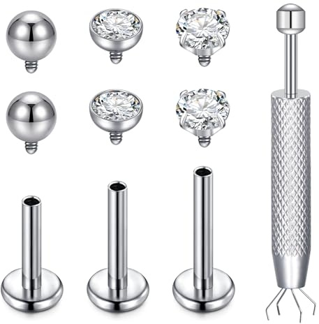 TOKRING 16G Titanium Labret Studs Internally Threaded Flat Back Earrings Ball CZ Tragus Helix Cartilage Lip Piercing Jewellery 6/8/10MM with Grabber Tool