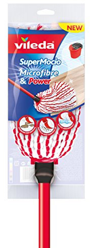 Vileda Wischmop SuperMocio Microfibre e Power System Mocio, Metallo, Rosso/Bianco, 110 x 15 cm, 110 x 15 cm