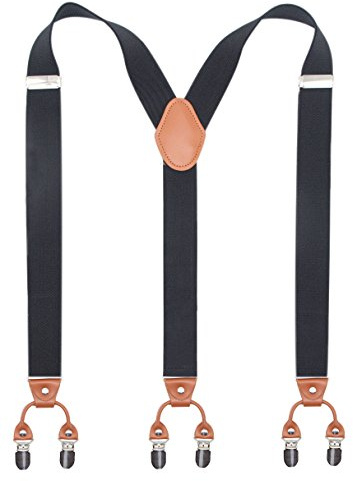 Bioterti Men’s Y-Shaped Heavy Duty Suspenders – 6 Metal Clips, Elastic Straps (Black)