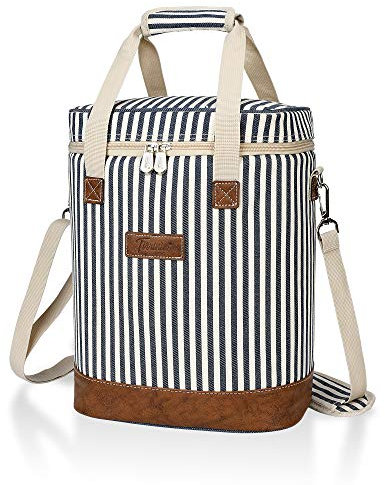 Kato Tirrinia 6 Bottle Wine cooler bag - Insulated Padded Portable Versatile Wine Carrier Tote Bag for Travel, BYOB Restaurant, Wine Tasting, Party, Pecfect Gift for Wine Lover, Blue Stripe