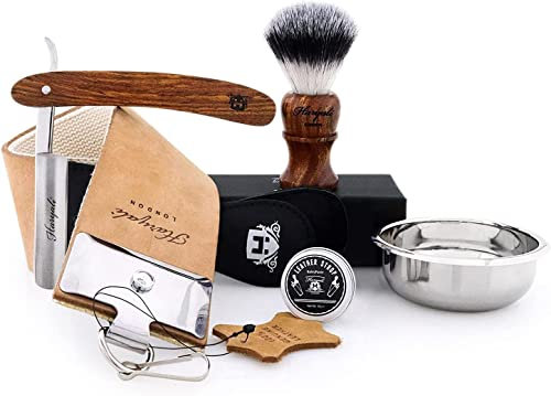 Haryali London Rasierset – 6-teiliges Rasierpinsel-Set – Nachhaltiges Rasierset – Holz – Rasierpinsel – Rasiermesser – Rasierschale – Lederstreifen – Honmasse – Alaunstab – für glatte Rasur
