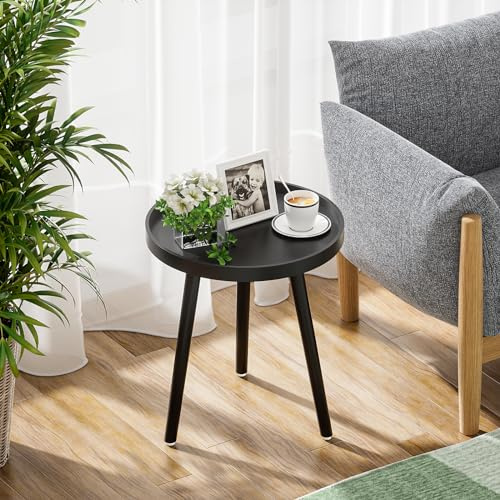 APICIZON Black Side Table, Modern Bedside Table Nightstand for Bedroom, Living room, Coffee Tray End Table for Small Space, with Wooden Legs, 45 x 38 cm