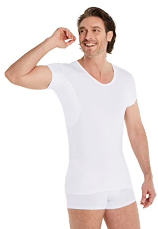FINN Anti-Sweat Men's Shirt with Extra Short Sleeves – Perfect Under Short-Sleeve Shirts and Polo Shirts - Undershirt with Armpit Pads for Protection Against Sweat Stains and Odour White L